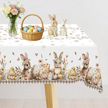 nappe table pâques lapins œufs fleurs paniers osier guirlandes décorations printemps blanc marron rose