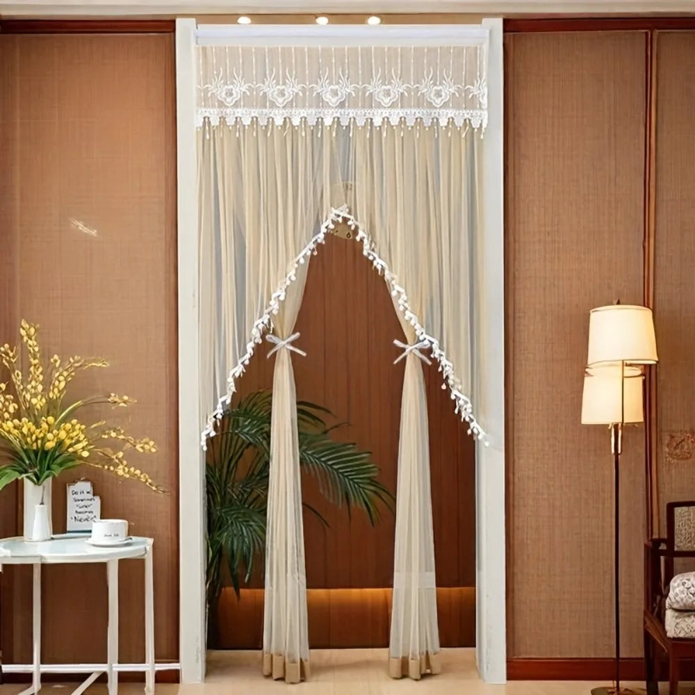 rideau porte décoration dentelle pompons auto adhésif blanc beige violet vertclair