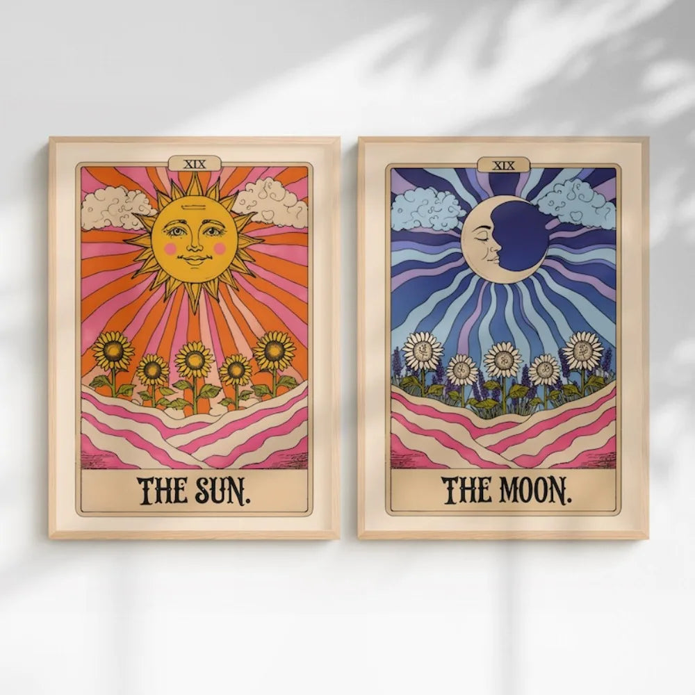 affiche vintage soleil lune fleurs nuages géométrique abstraite couleur doré chambre salon decoration