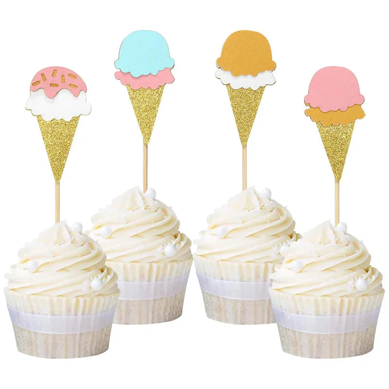 décoration gâteau anniversaire cones glace glitter rose bleu blanc carton cartoon pique bois