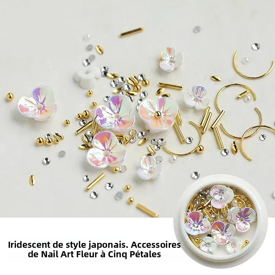 accessoires nail art fleurs blanc doré irisées strass coquillage japonais