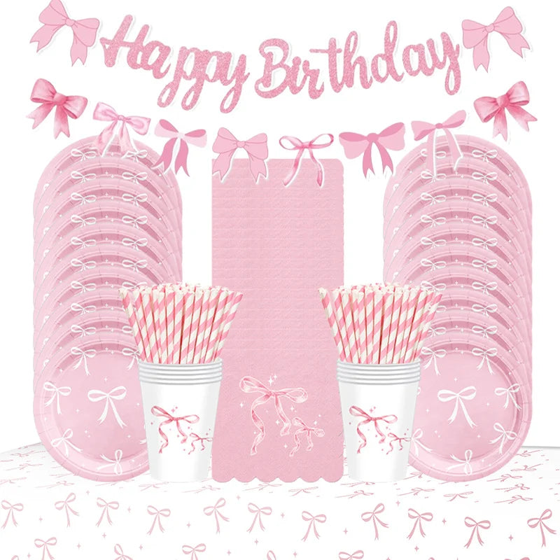 assiettes papier rose serviettes gobelets bannière happy birthday pailles festives enfants femmes anniversaire mariage