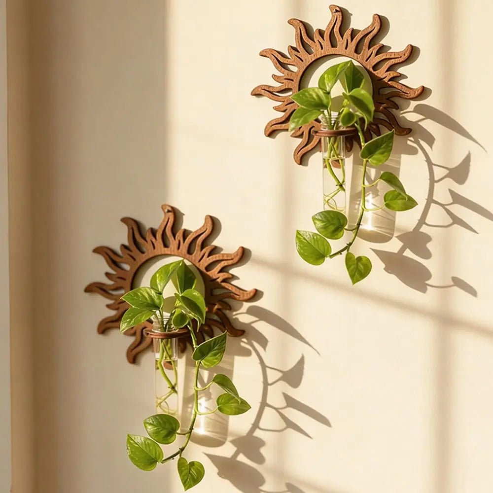 porte plantes mural bois verre transparent motif soleil arabe minimaliste adultes