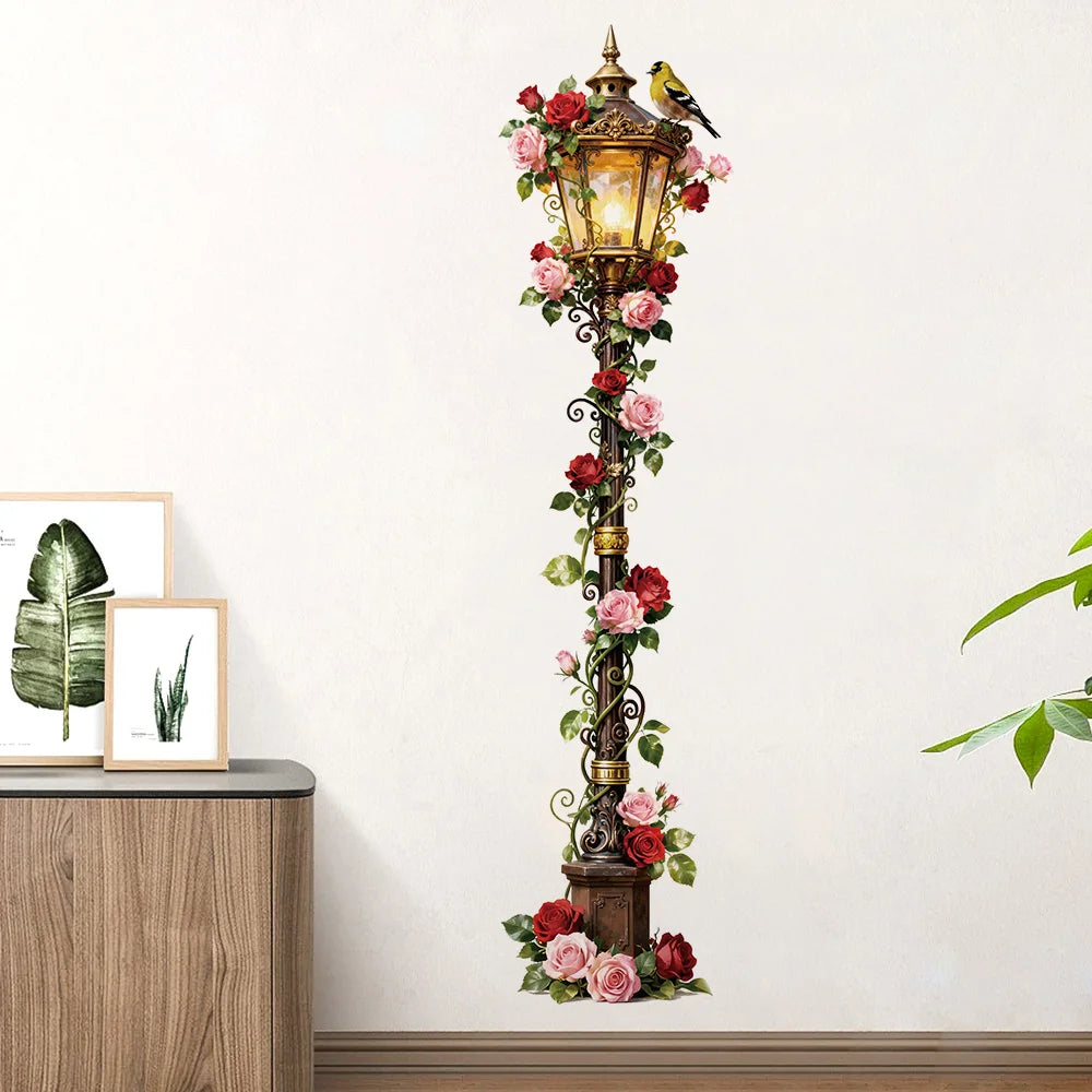 autocollants muraux vintage fleurs roses oiseau romantique doré rose rouge vert adhésif