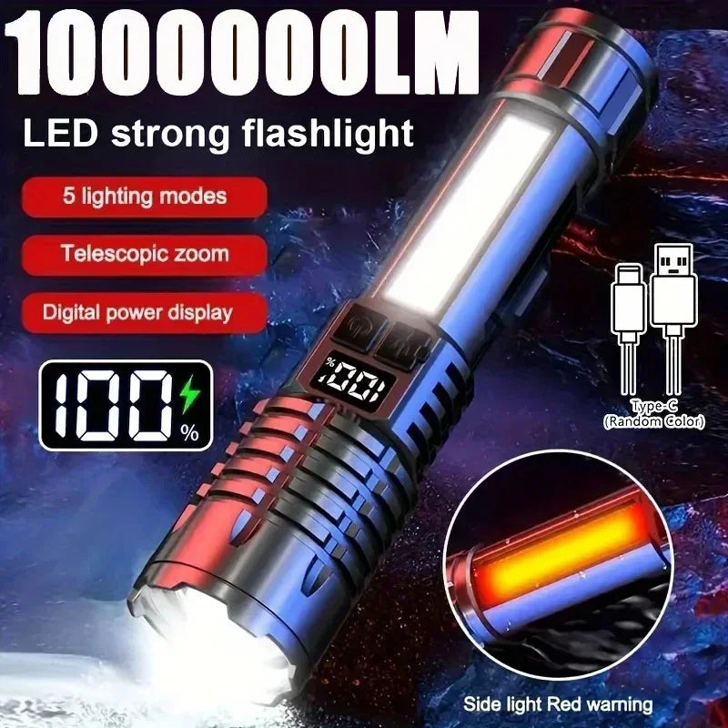 lampe torche led rechargeable type zoom étanche 500m luminosité noire texturée moderne robuste camping