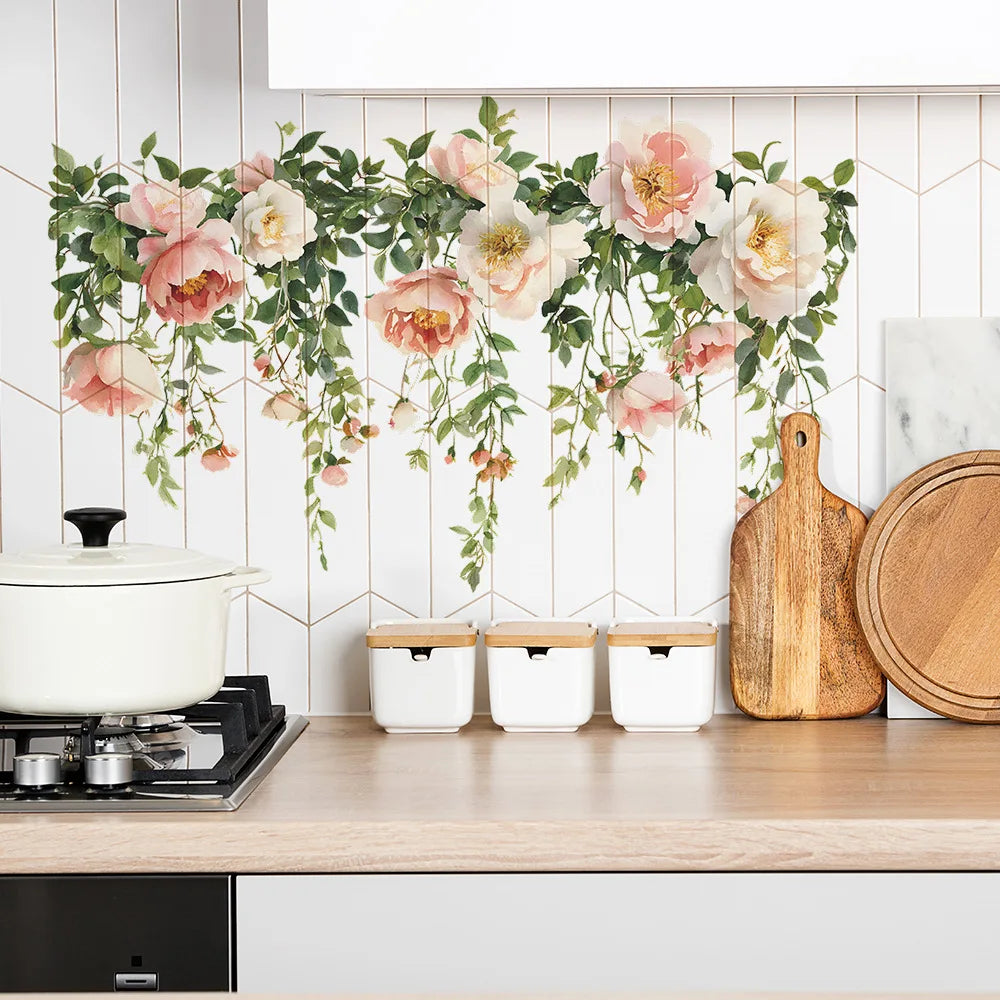 autocollant mural floral rose blanc vert feuilles fleurs adhésif pièce chambre salon intérieur