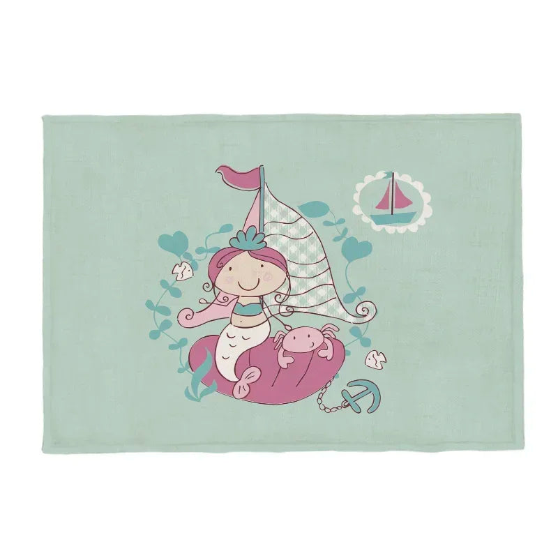 tapis marine sirènes poissons bateaux motifs enfant illustration rose vert clair océanique