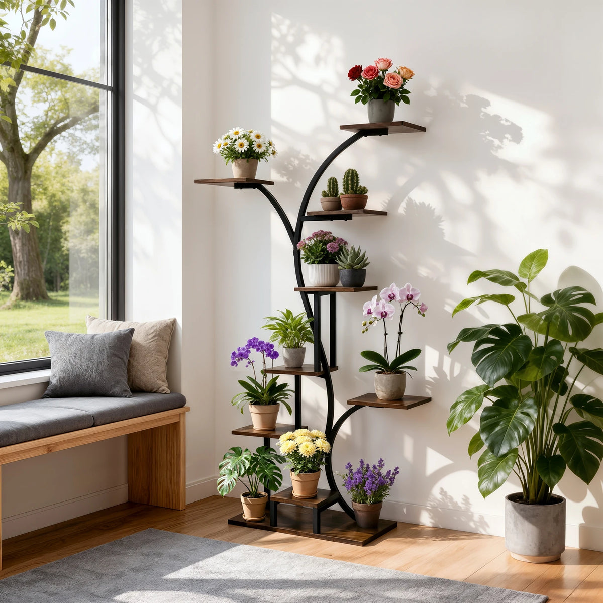 présentoir arboré multi niveaux moderne marron noir plantes décoration intérieure