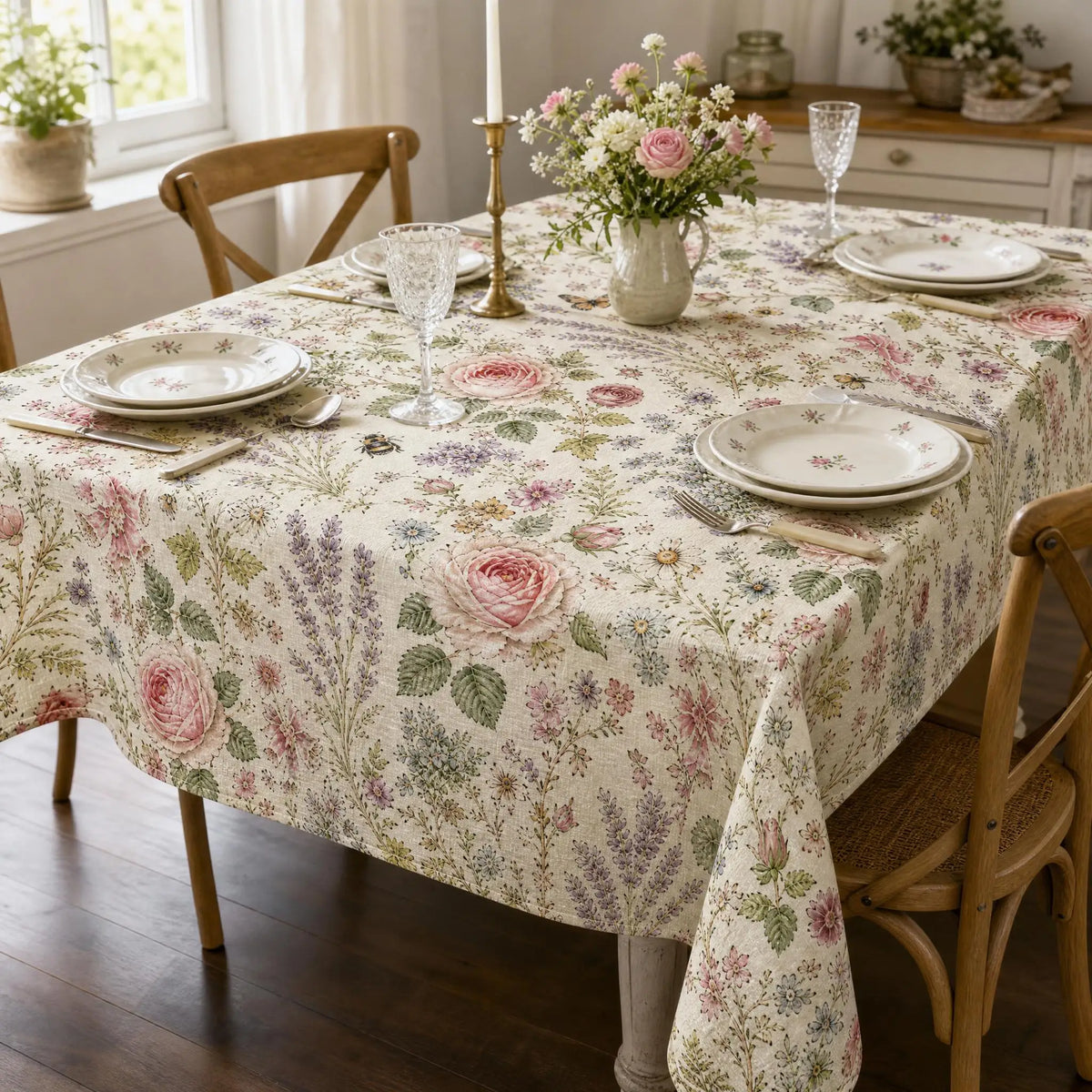nappe table motifs floraux papillons blanc cassé rose violet verte festive champêtre romantique vintage