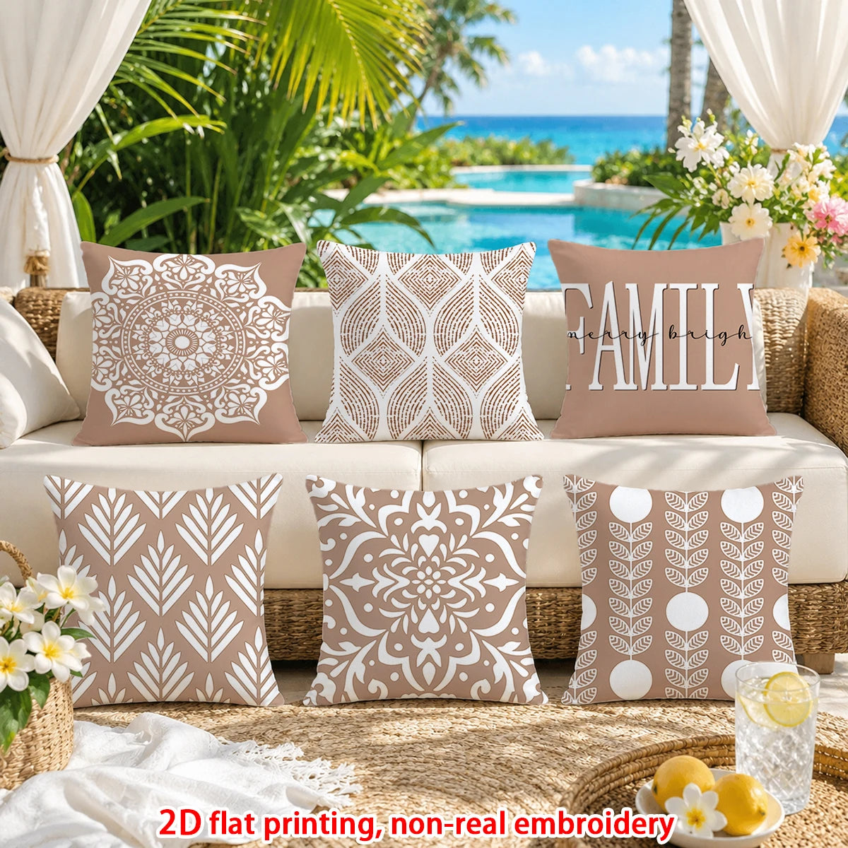 lot housses coussin décoratives motifs géométriques mandalas beige blanc moderne