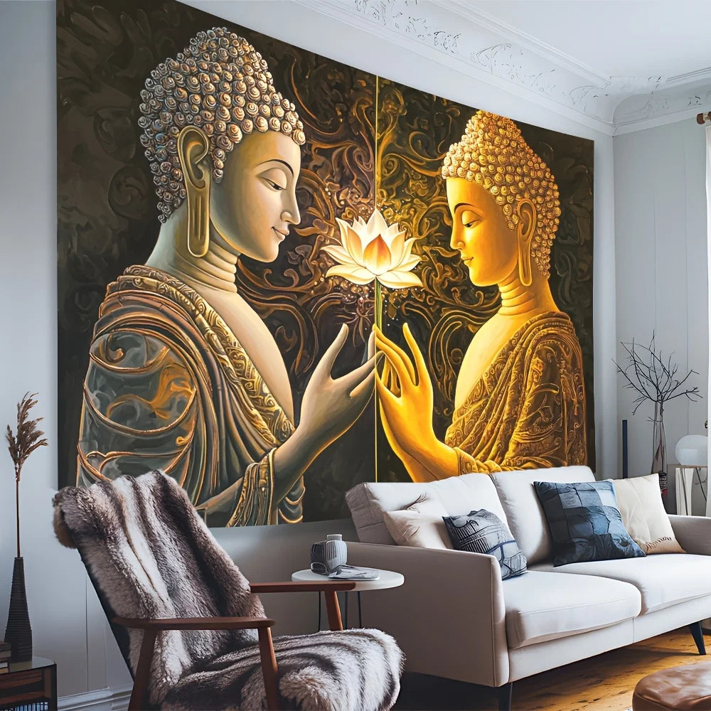 toile d'art bouddha lotus blanc doré noir décoration intérieure religieux motifs floraux