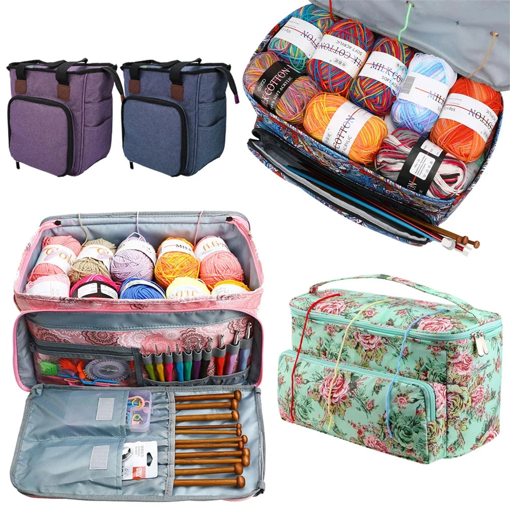 Sac couture rose imprimé floral poignées aiguilles crochets outils rangement 40cm 21cm 22cm