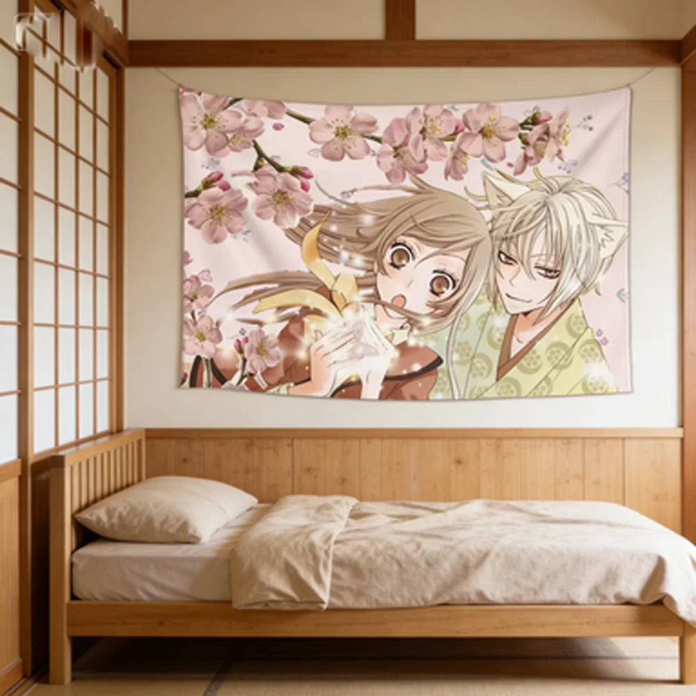 tapisserie murale anime fleurs cerisier visage animé rose clair beige vert blanc chambre salon