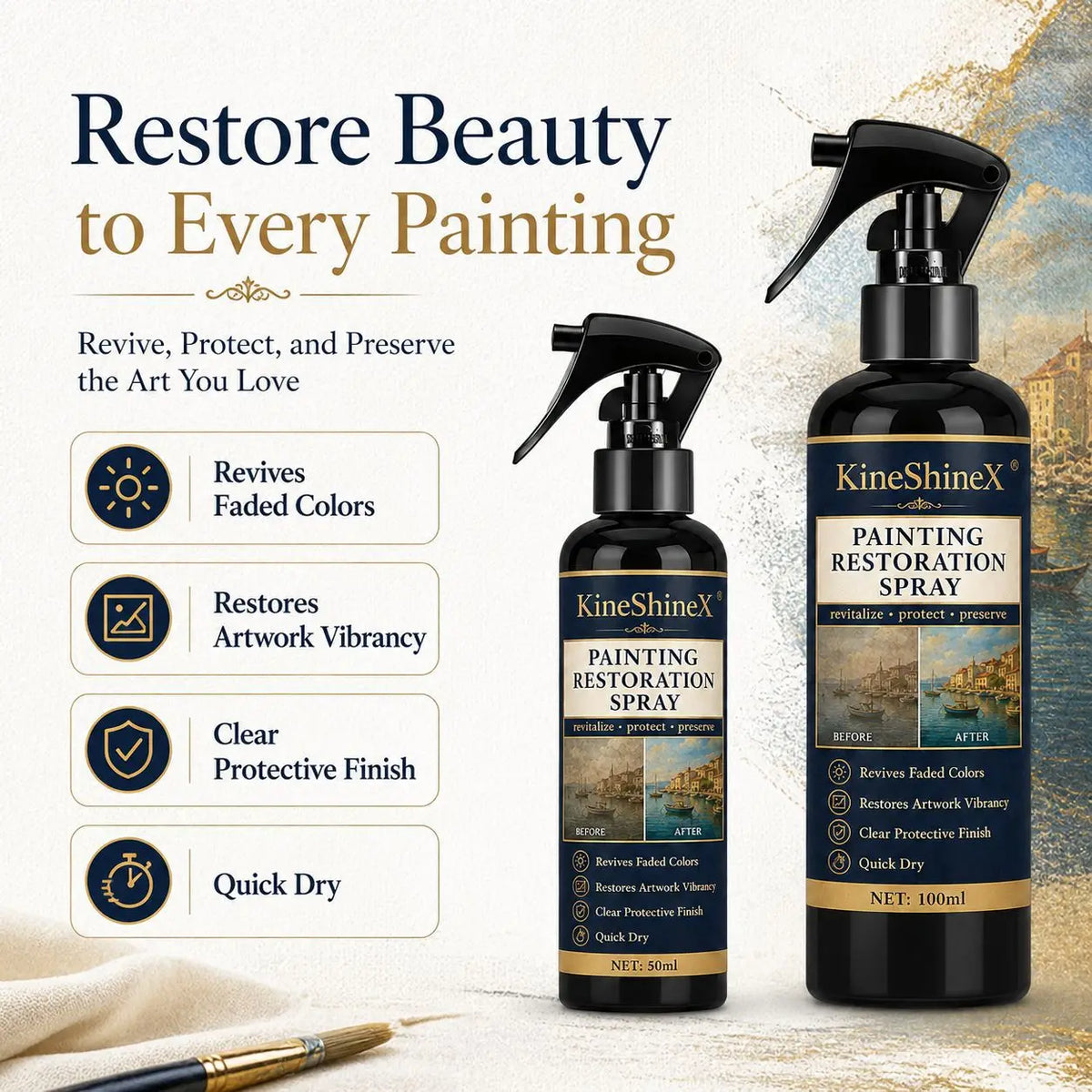 spray restauration peinture 100ml noir étiquette dorée contemporain rapide huile toile