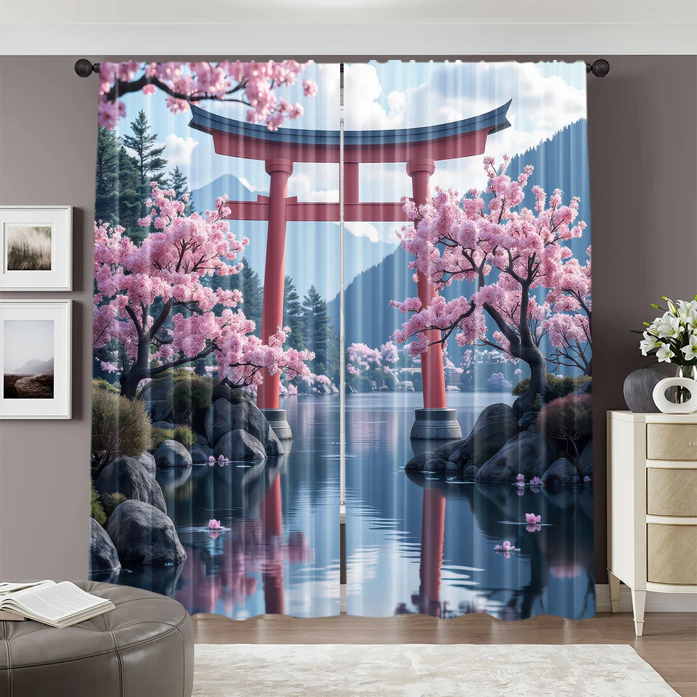 rideau japonais paysager opacité cerisiers fleurs torii montagnes eau rouge blanc bleu rose vert