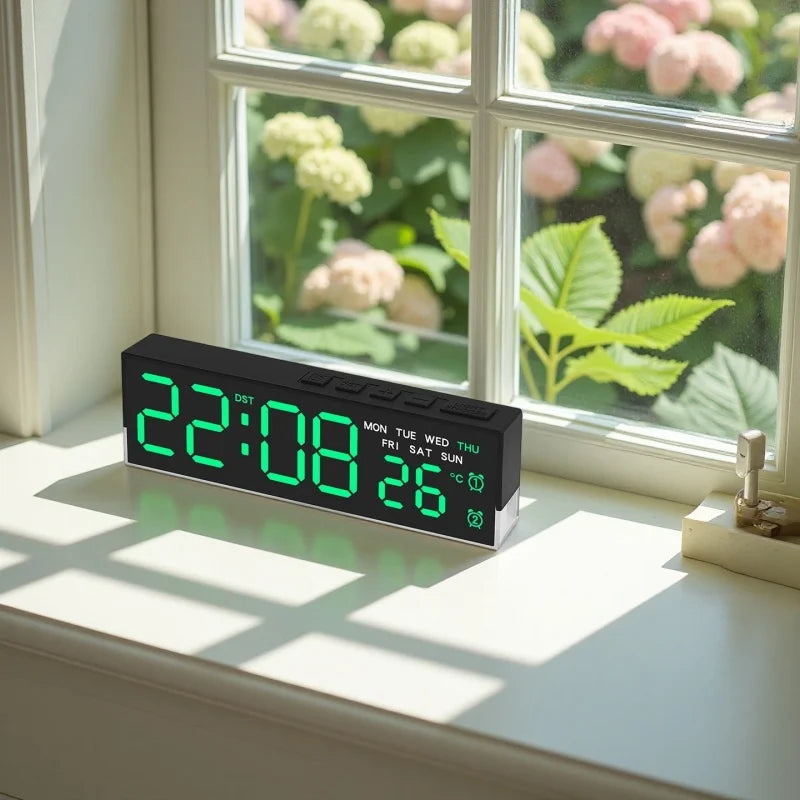 horloge numérique moderne écran led noir blanc vert bleu affichage température usb alarmes luminosité