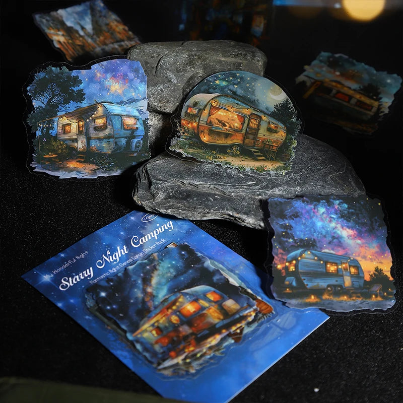 Stickers illustratifs paysages nocturnes personnages végétation étoiles lunes adhésifs scrapbooking