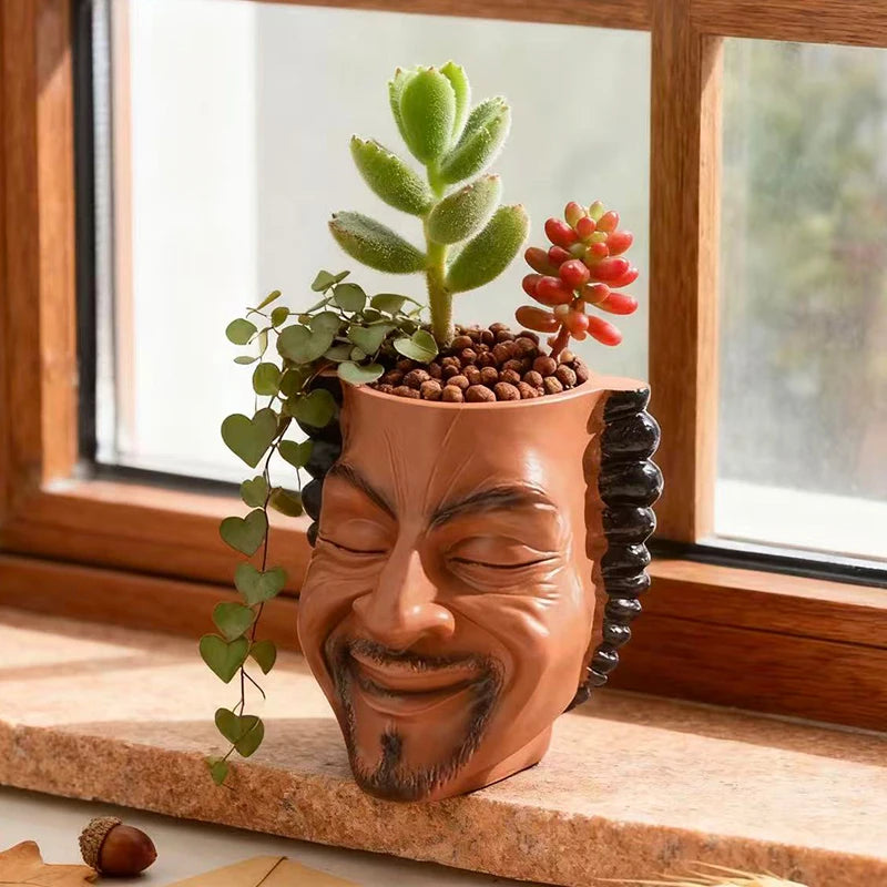 cache pot résine forme masque souriant marron plante verte moderne humoristiqueintérieur décorationextérieur artisanat ornement