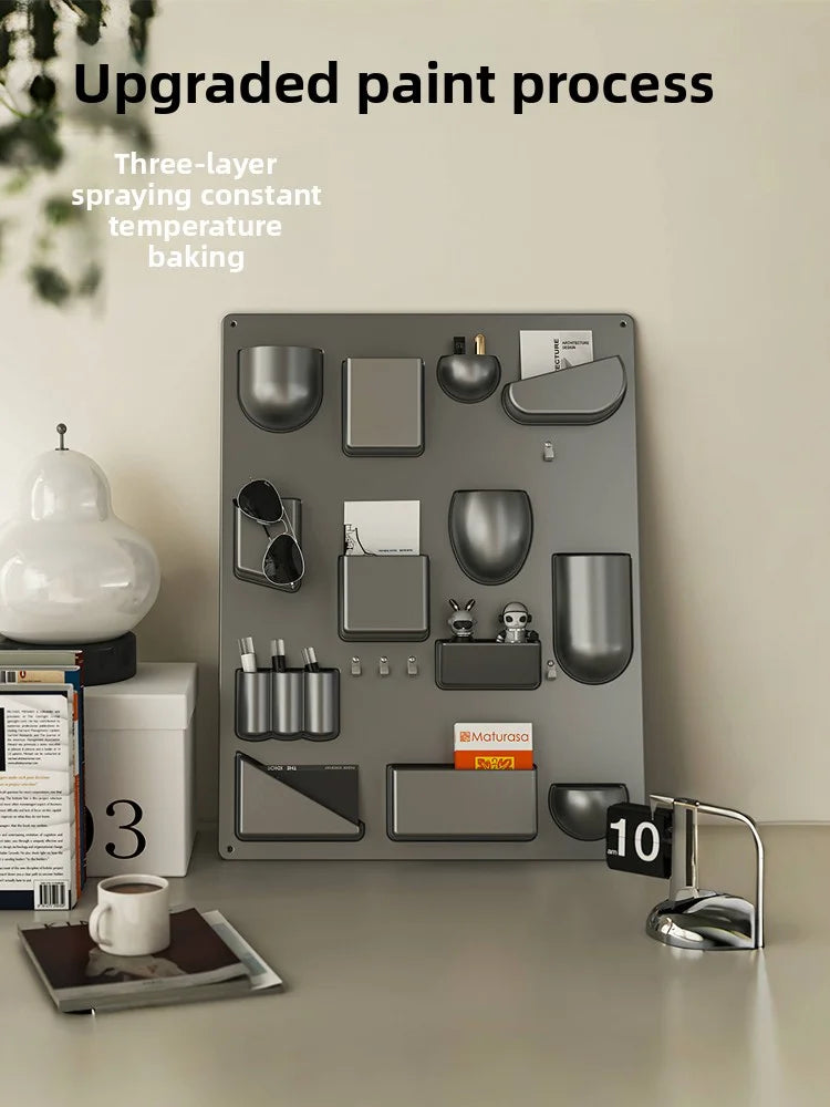 panneau mural rangement gris métallisé moderne plateau lisse porte crayons pochettes supports organisation