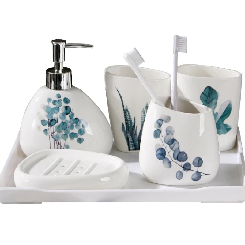 ensemble salle bain céramique éco friendly blanc bleu vert fleuri