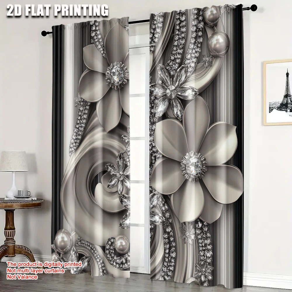 rideau moderne élégant fleurs géométrique opacité gris blanc noir pièces polyester tringle