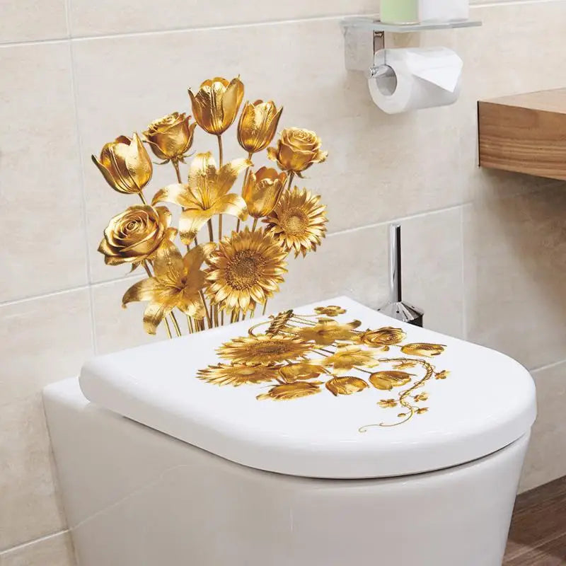 cache siège toilette blanc doré fleurs feuilles adhésif salle bain élégant classique deco intérieure