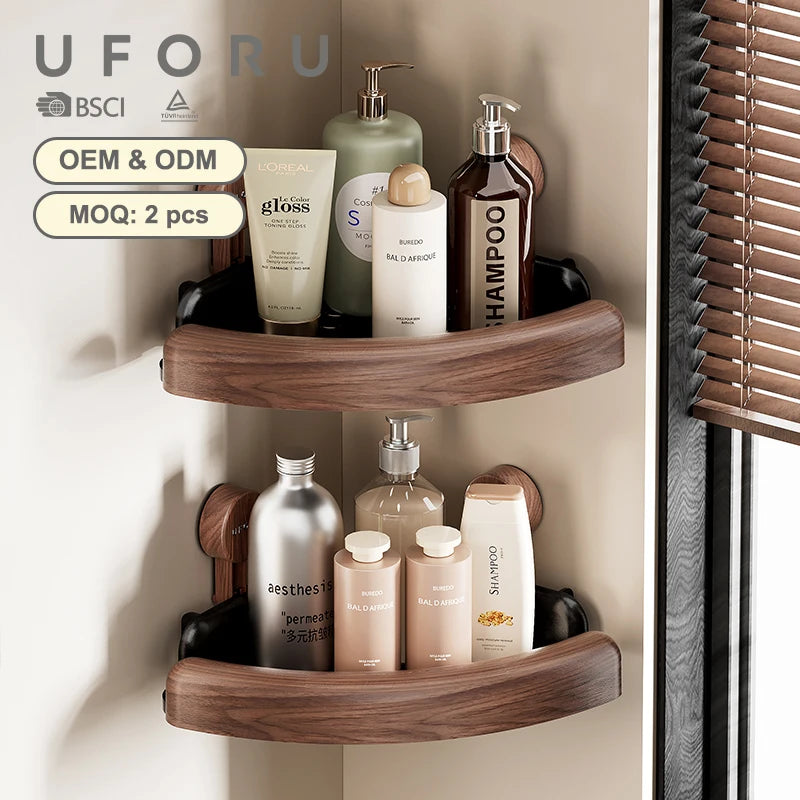 étagère salle bain bois foncé moderne minimaliste adhésive réutilisable cosmétiques organisation papeterie objets divers