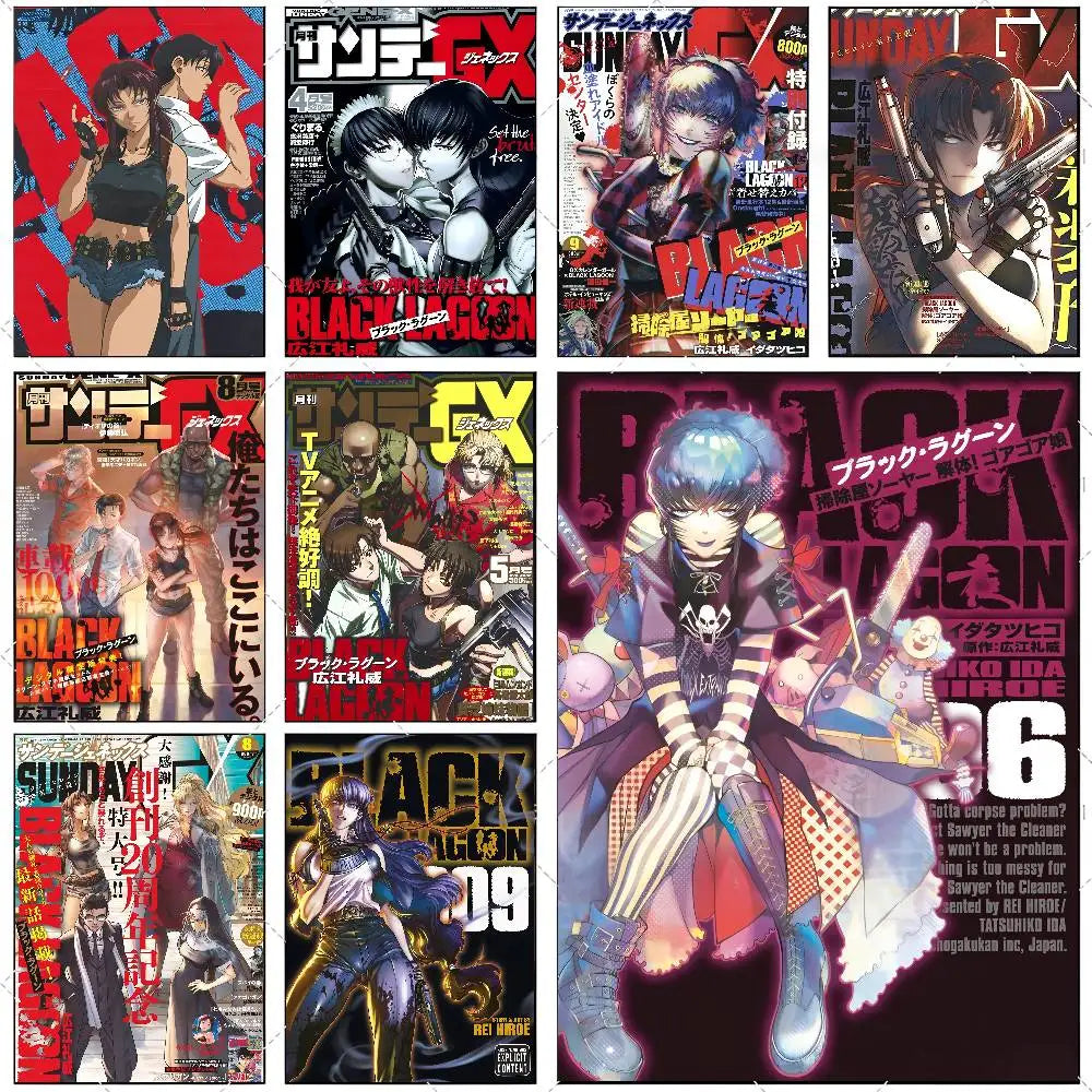 affiches manga bleu noir illustrations personnages japonais cadre bois décoration moderne