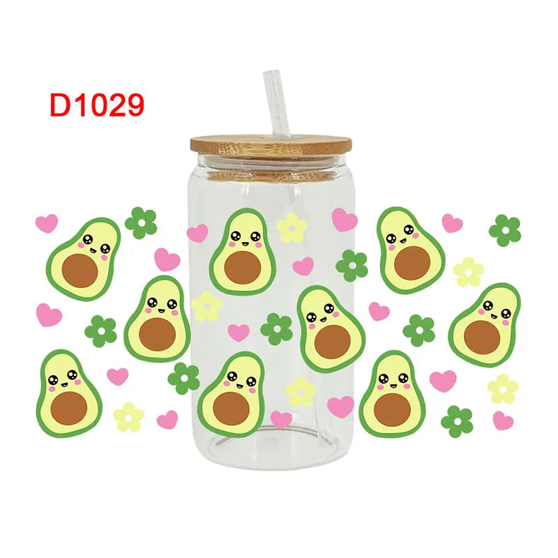 autocollants décoration diy fruits fleurs transparent tropical bouteille verre couvercle paille