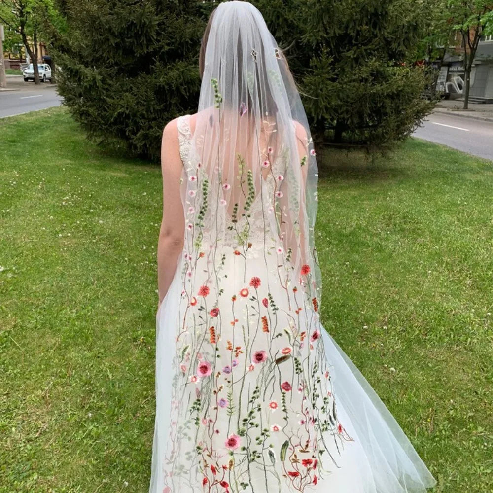 voile mariée bohème broderie florale 3d peigne transparent romantique champêtre