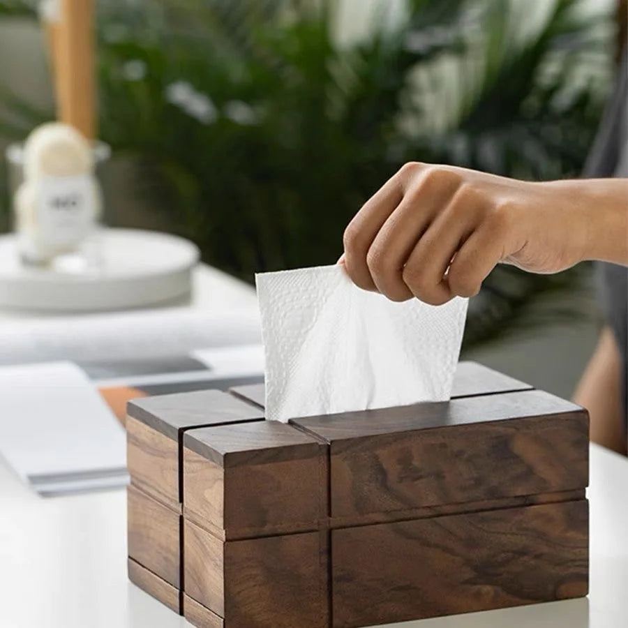 boîte mouchoirs bois marron moderne minimaliste tissu amovible grain naturel salon