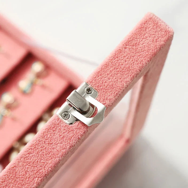 présentoir bijoux velours rose gris classique élégant boîte transparente couvercle boucles oreilles colliers bagues