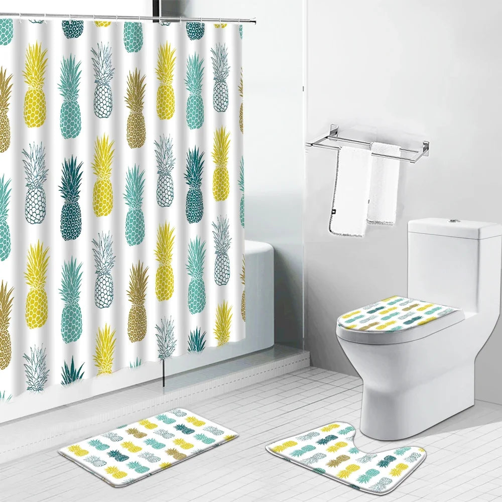 Salle de bain moderne avec un ensemble de décoration tropical, comprenant un rideau de douche coloré aux motifs d'ananas ainsi que des tapis de bain assortis. Design élégant parfait pour ajouter une touche exotique et rafraîchissante à votre espace, idéal pour créer une ambiance vivante et accueillante. Ce décor tropical est parfait pour égayer votre routine quotidienne et apporter une sensation de vacances à votre intérieur.