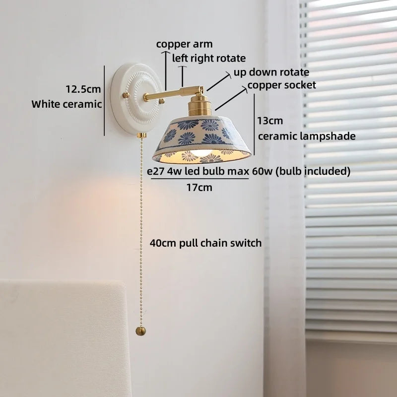 lampe murale fleurs bleues blanc doré LED classique vis fixation 4W max 60W