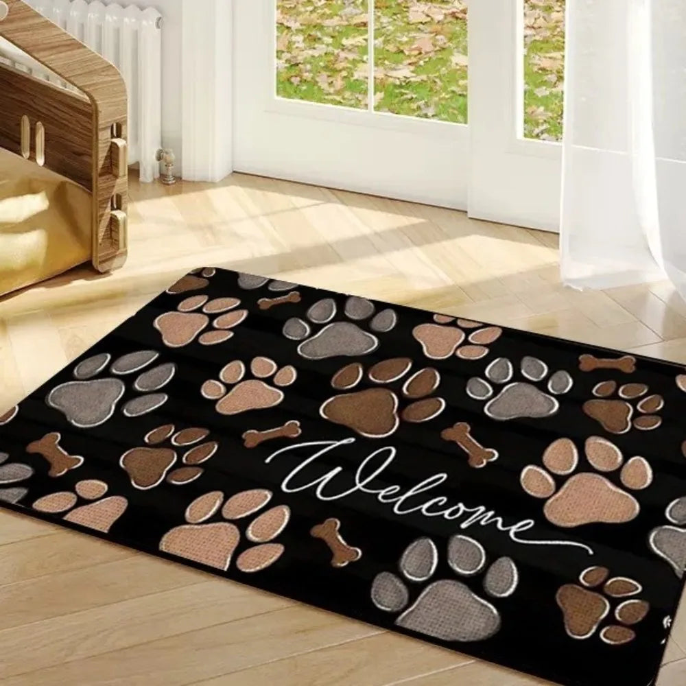 tapis antidérapant empreintes chien moderne bleu marron noir décoration sol