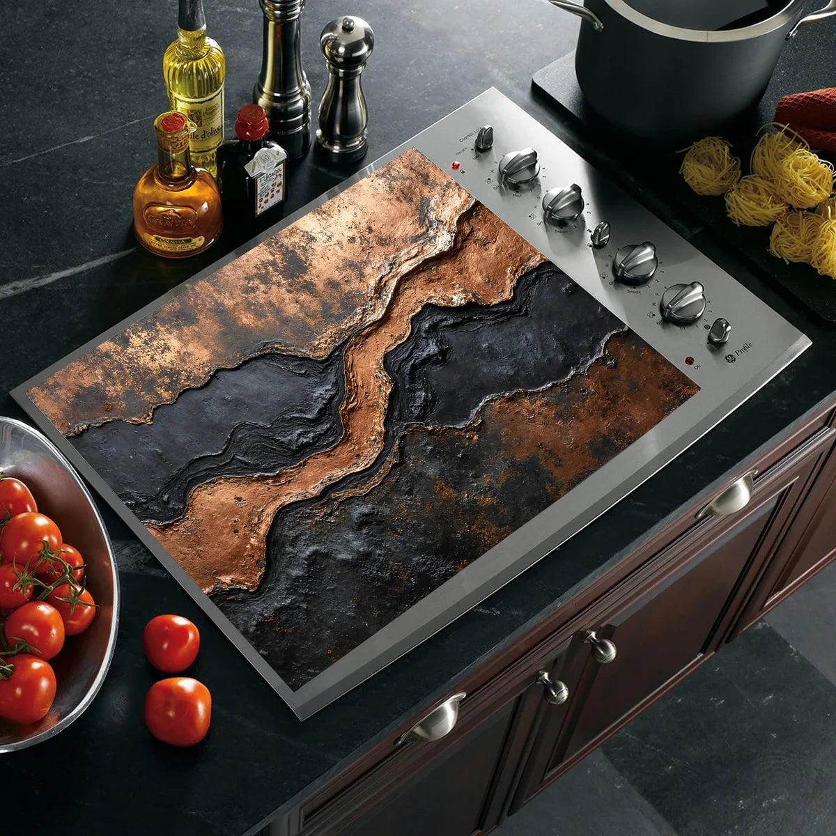 autocollant decoratif plaque cuisson noir cuivre rustique texture organique moderne 52x72cm