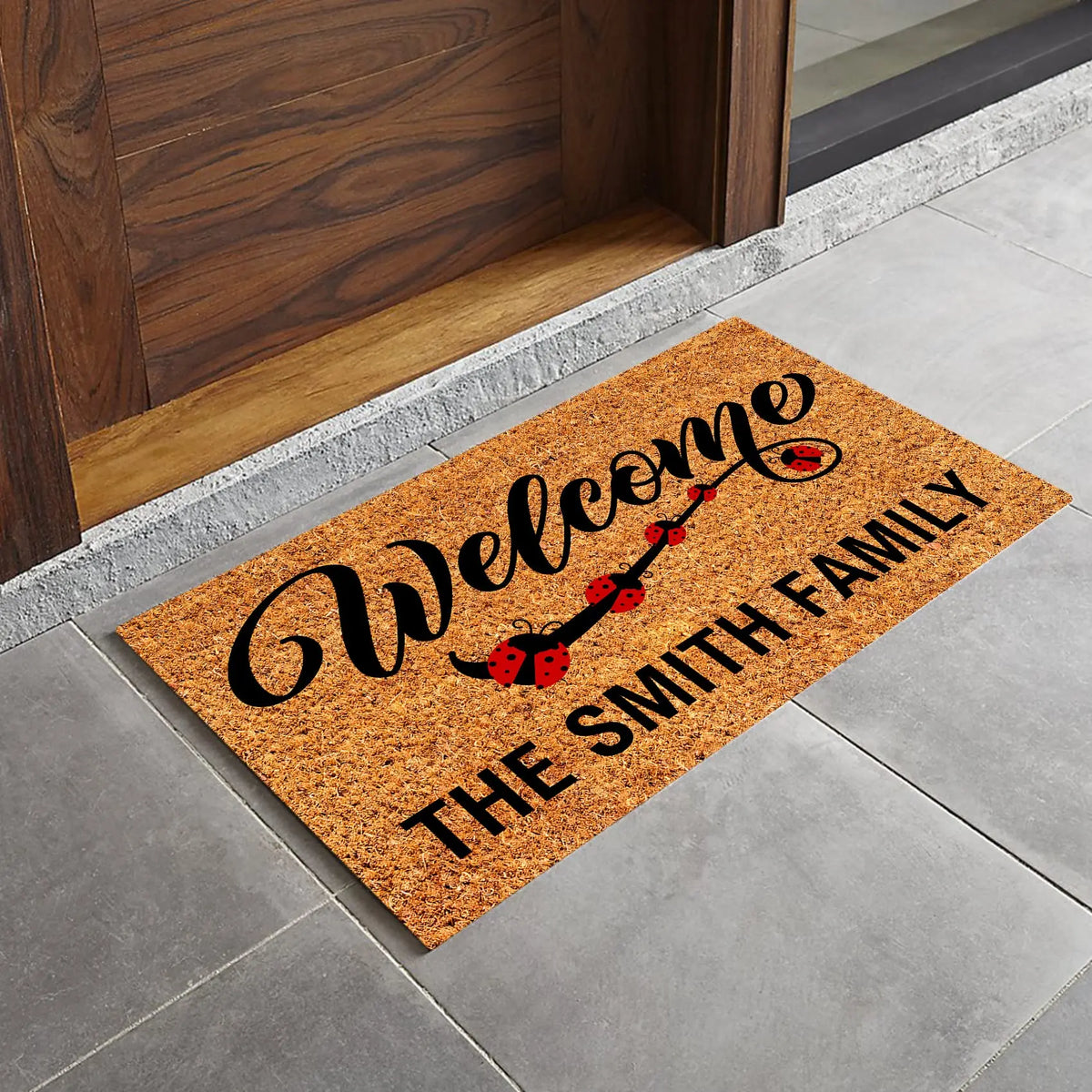tapis d'entrée moderne coccinelles bienvenue antidérapant extérieur intérieur famille marron rouge noir