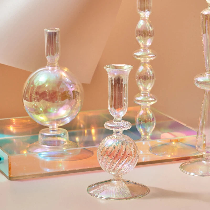 décoration intérieure verre irisé bougeoir vase transparent effet arc ciel spiral geometrique vintage boheme