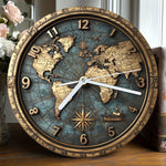 horloge murale vintage carte monde boussole bleu doré aiguille silencieuse salle manger