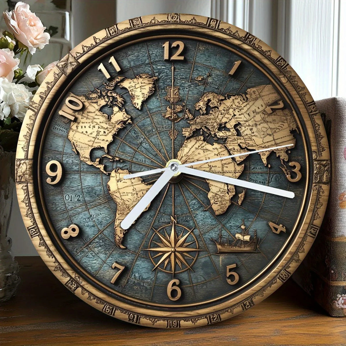 horloge murale vintage carte monde boussole bleu doré aiguille silencieuse salle manger
