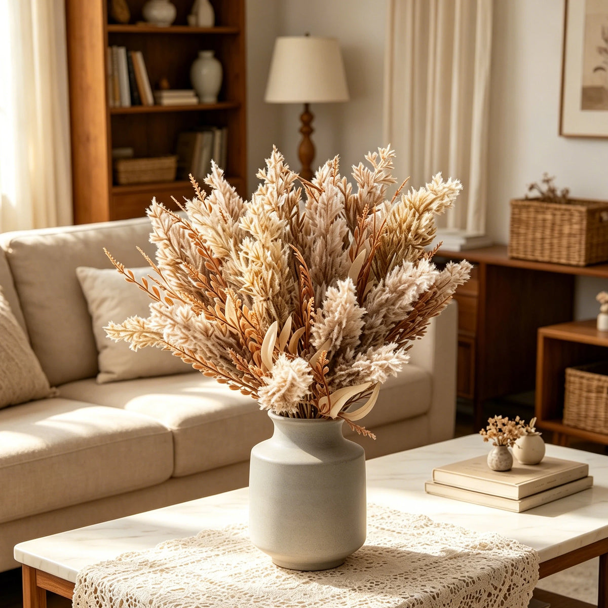 bouquet fleurs séchées naturel rustique beige doré feuilles épis décoration intérieure vase blancextérieur exposition