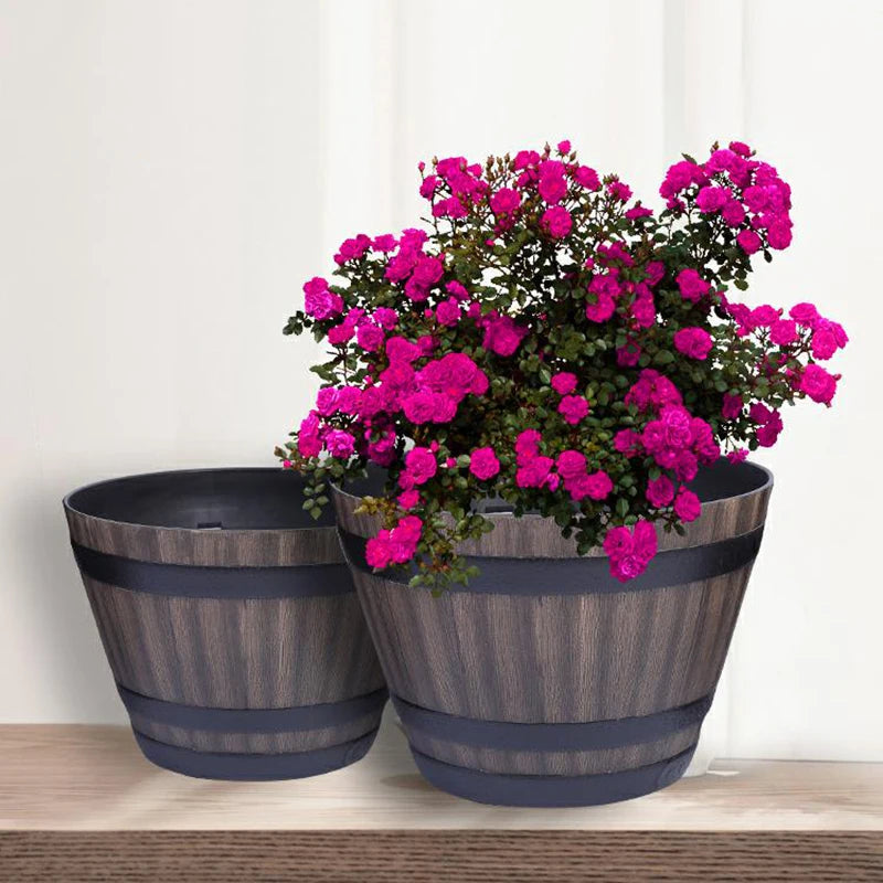 pots fleurs imitation bois rustique marron noir bandes horizontales trou drainage largeur hauteur base
