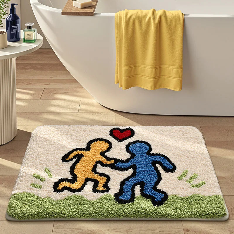 tapis bain moderne figures humaines coeurs motifs pas blanc rouge bleu jaune vert rose