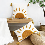 taies d'oreiller boho chic motif soleil doré brodé texture épaisse 45x45cm blanc decoration maison