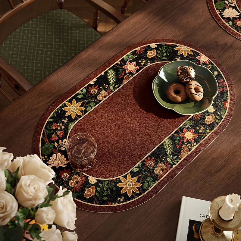 tapis table violet vert beige fleurs feuilles bordure rayée classique floral resistant pvc 30x50cm