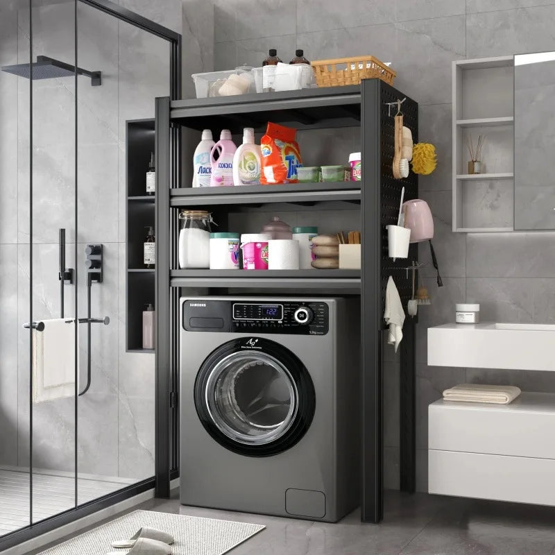 rangement meuble noir moderne étagères paniers linge serviettes bouteilles lessive autoportant adaptable buanderie
