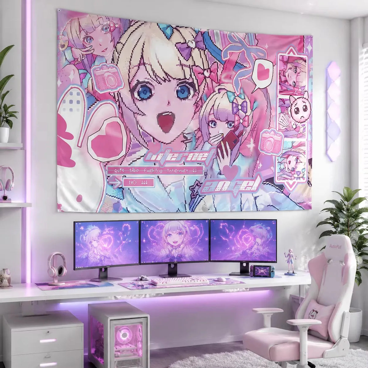 tapisserie moderne anime personnages coeurs rose blanche bleue mur chambre pastel y2k