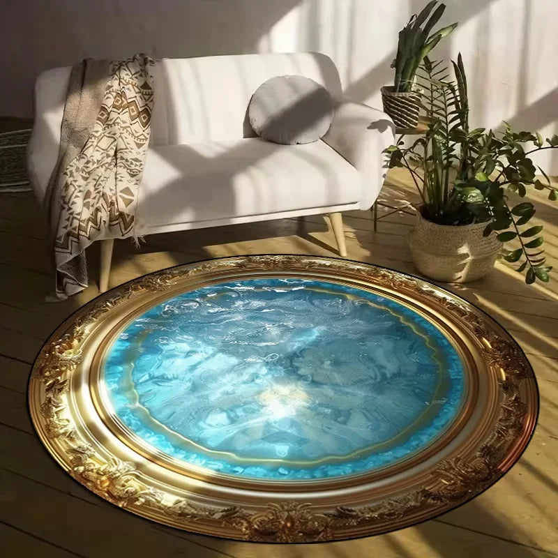 tapis rond vert bleu doré motif eau ondulante moderne maison décorationextérieur 80x80cm 120x120cm