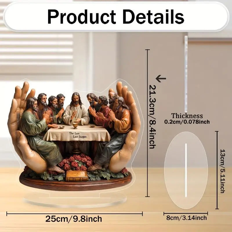 statue religieuse marron relief sculpté scène biblique support bois table roses livre
