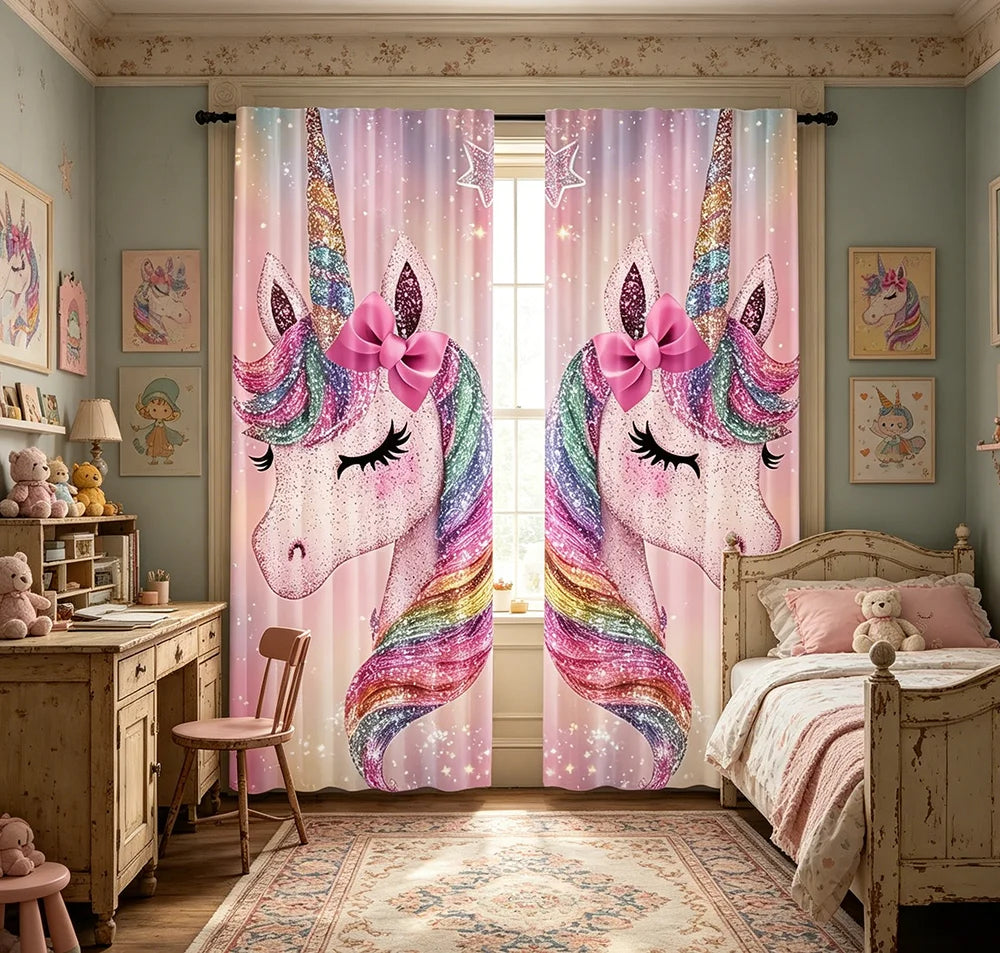 rideau licorne arc ciel rose brillant chambre enfant moderne decoration maison 75x166cm